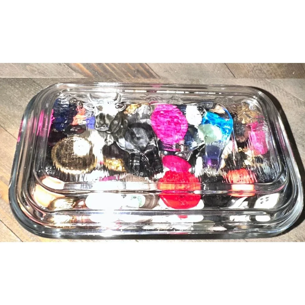 Arcoroc France  Vtg Cow Butter Dish Clear Glass Storage Filled W/ Vtg Buttons